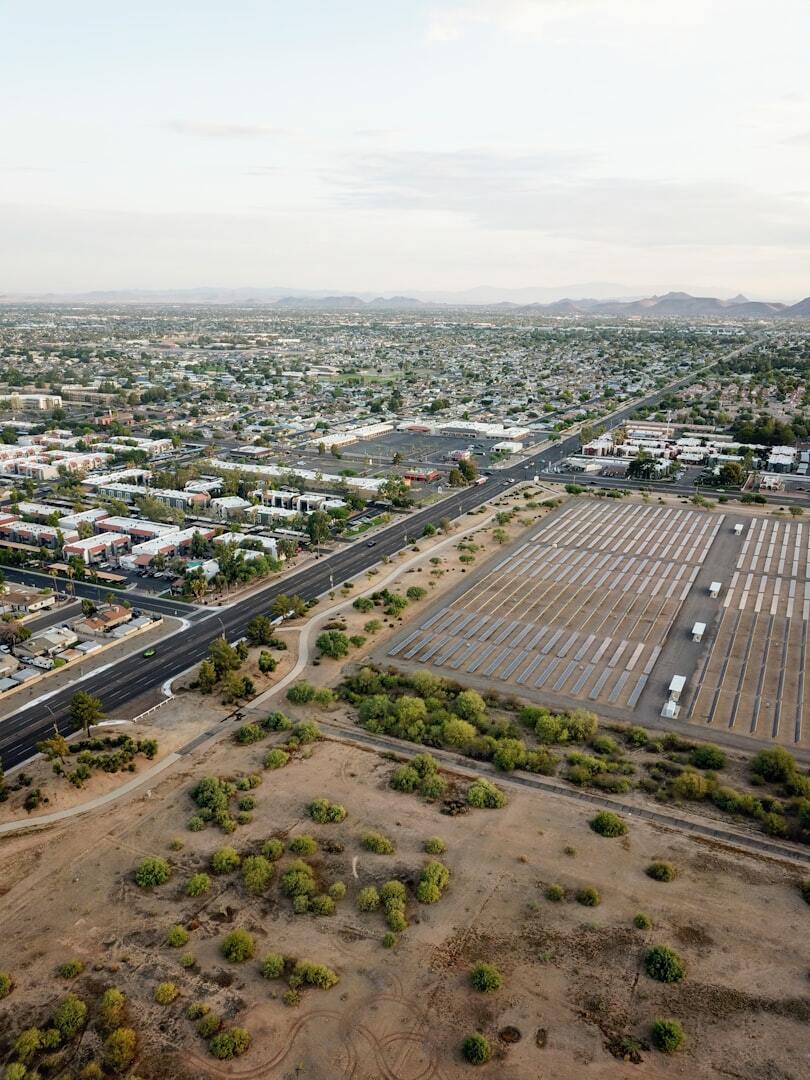 An aerial view of a parking lot in a city